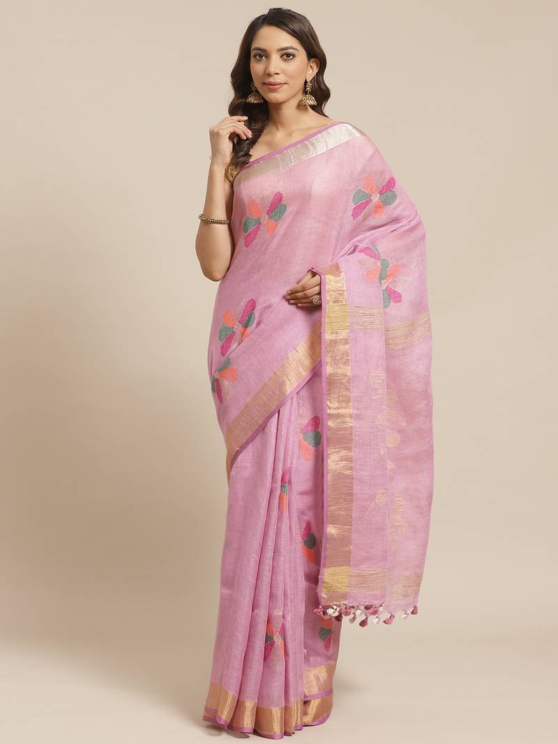 Lavender Pure Linen Woven Design Handloom Jamdani Saree