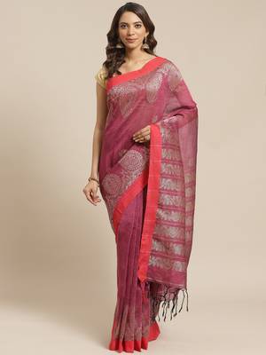 Purple & Silver Pure Linen Solid Handloom Jamdani Saree 1