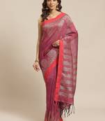Purple & Silver Pure Linen Solid Handloom Jamdani Saree