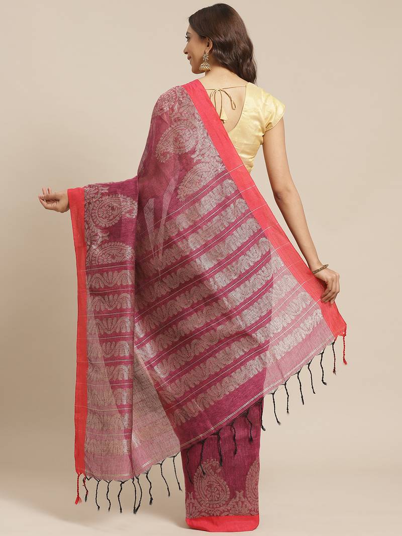 Purple & Silver Pure Linen Solid Handloom Jamdani Saree