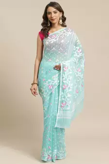 Sea Green & White Woven Design Handloom Jamdani Saree