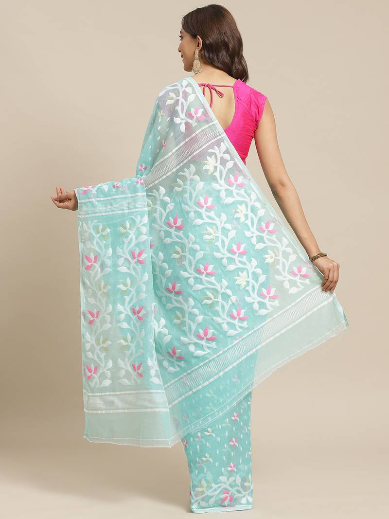 Sea Green & White Woven Design Handloom Jamdani Saree