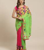 Green & Pink Bengal Handloom Kathiabari Embroidered Saree