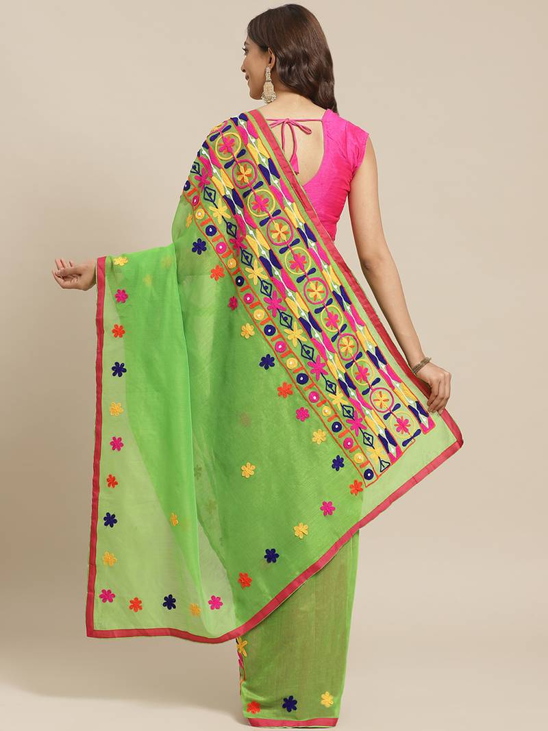 Green & Pink Bengal Handloom Kathiabari Embroidered Saree