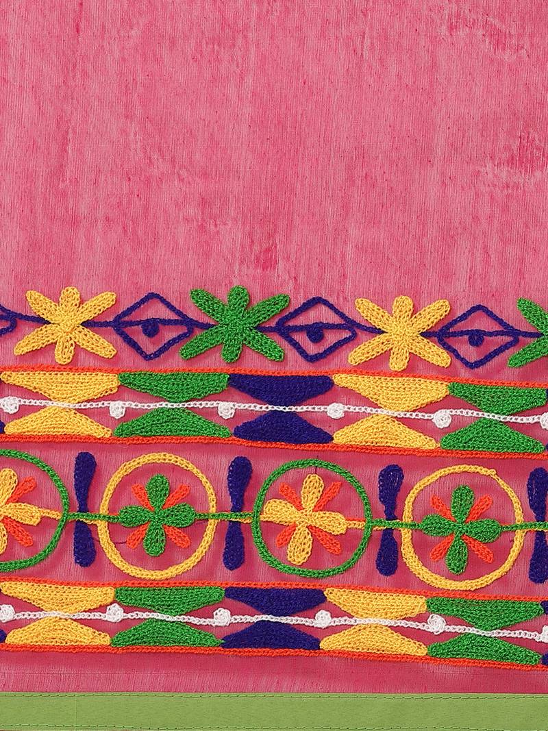 Green & Pink Bengal Handloom Kathiabari Embroidered Saree