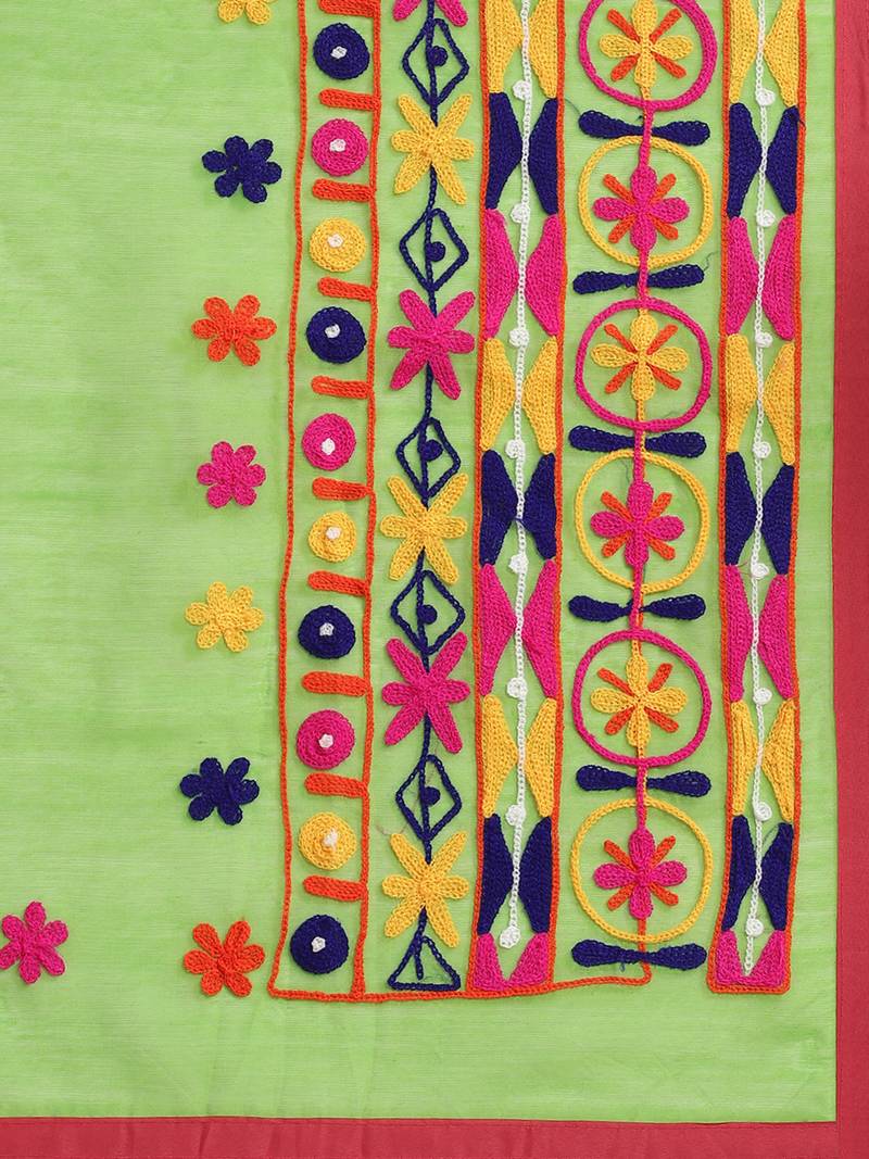 Green & Pink Bengal Handloom Kathiabari Embroidered Saree