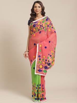 Pink & Green Bengal Handloom Kathiabari Embroidered Saree 1