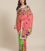 Pink & Green Bengal Handloom Kathiabari Embroidered Saree