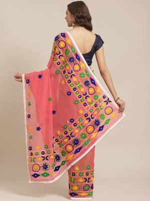 Pink & Green Bengal Handloom Kathiabari Embroidered Saree 2