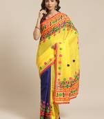 Yellow & Navy Blue Bengal Handloom Kathiabari Embroidered Saree