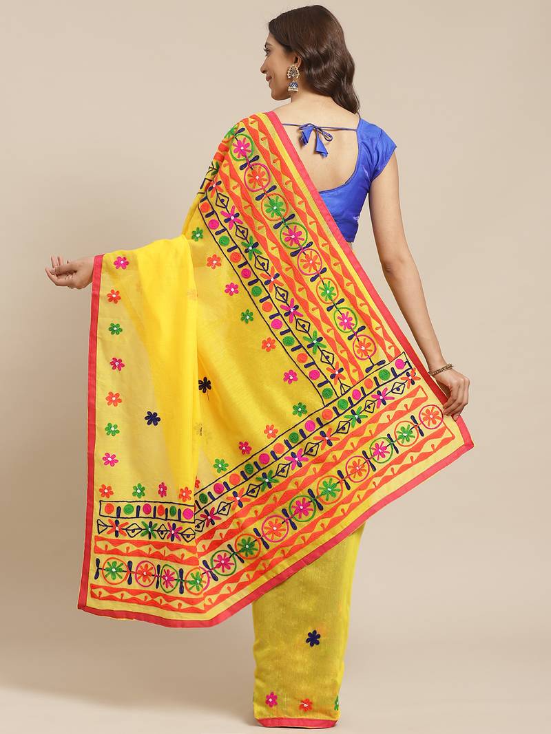 Yellow & Navy Blue Bengal Handloom Kathiabari Embroidered Saree