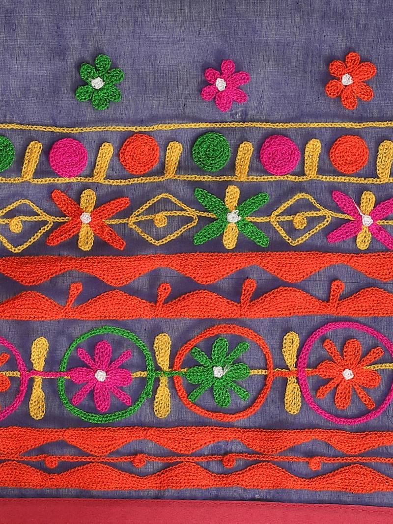 Yellow & Navy Blue Bengal Handloom Kathiabari Embroidered Saree