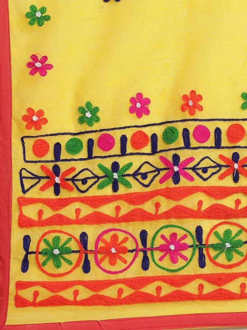 Yellow & Navy Blue Bengal Handloom Kathiabari Embroidered Saree