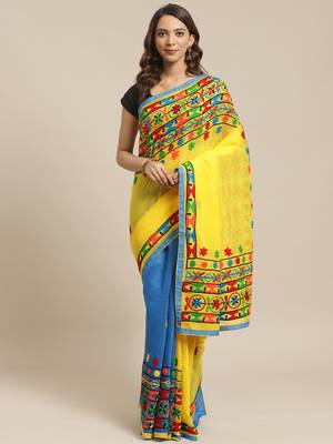 Yellow & Blue Handloom Embroidered Kathiabari Saree 1