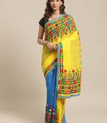 Yellow & Blue Handloom Embroidered Kathiabari Saree