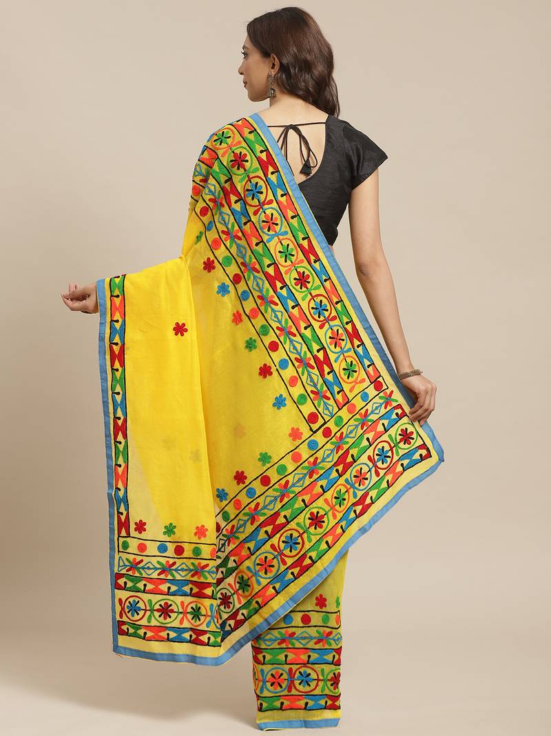 Yellow & Blue Handloom Embroidered Kathiabari Saree