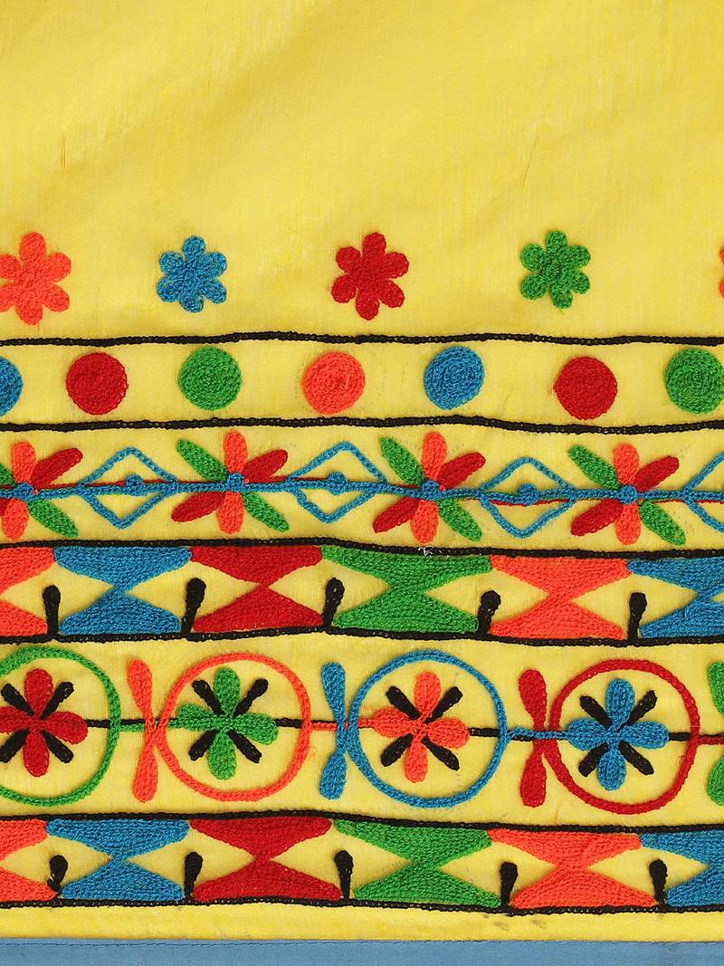 Yellow & Blue Handloom Embroidered Kathiabari Saree