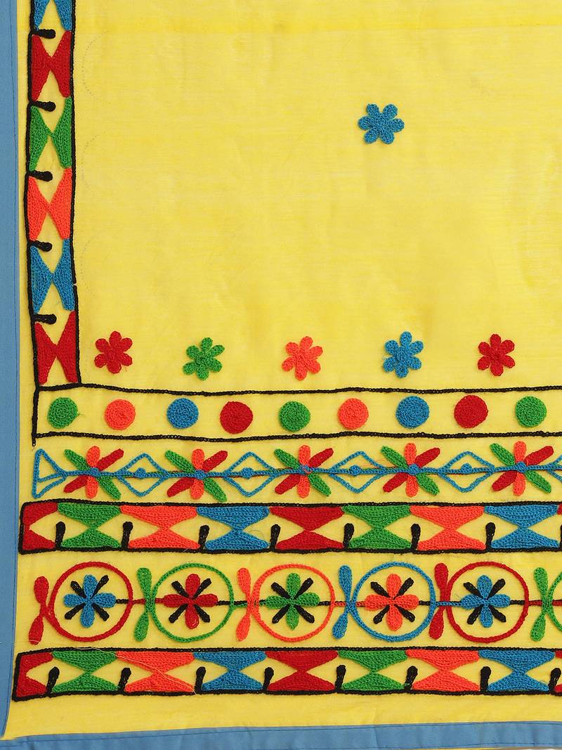 Yellow & Blue Handloom Embroidered Kathiabari Saree