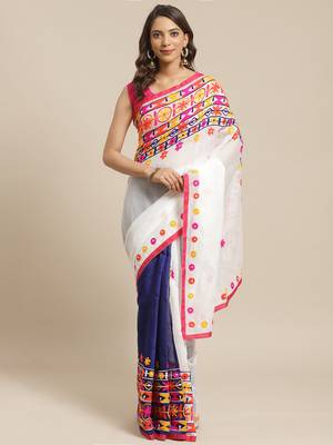 White & Navy Blue Handloom Embroidered Kathiabari Saree 1