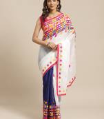 White & Navy Blue Handloom Embroidered Kathiabari Saree