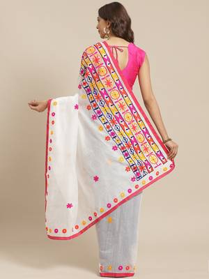 White & Navy Blue Handloom Embroidered Kathiabari Saree 2