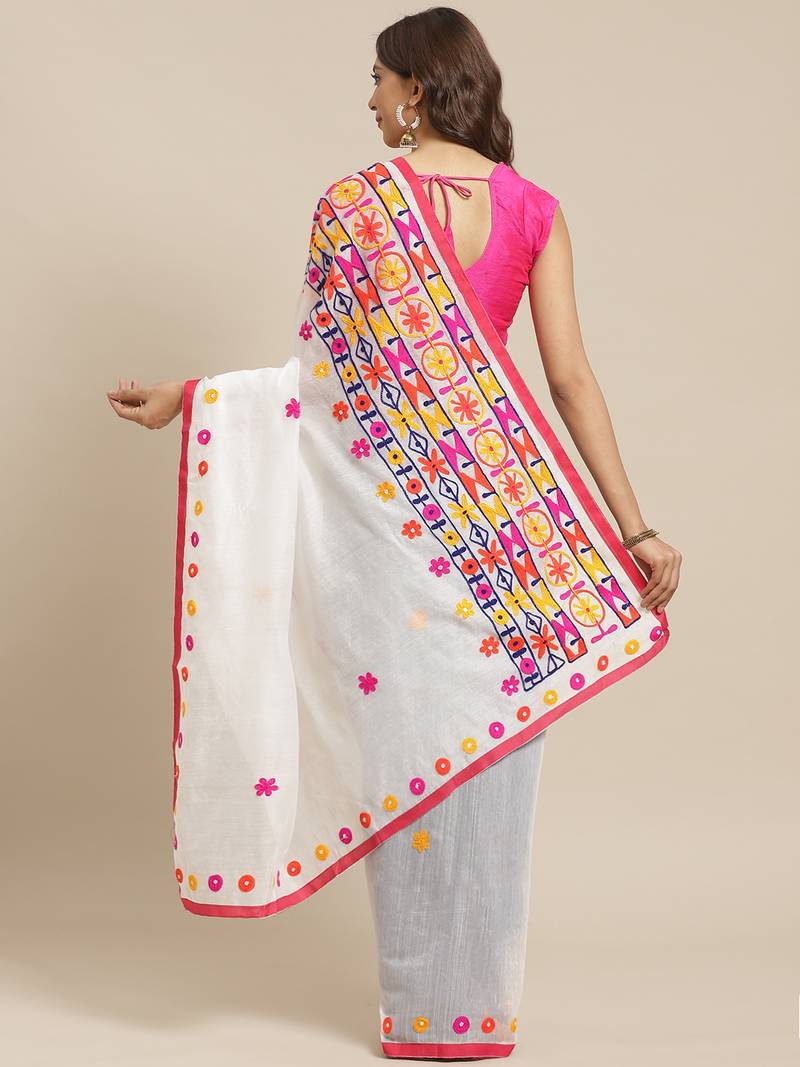 White & Navy Blue Handloom Embroidered Kathiabari Saree