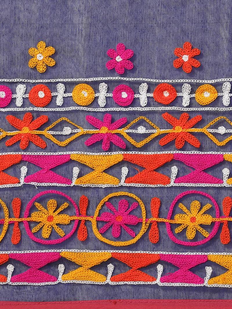 White & Navy Blue Handloom Embroidered Kathiabari Saree