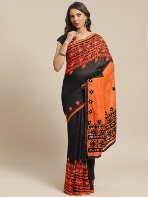 Black & Orange Handloom Embroidered Saree 1