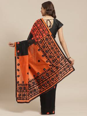 Black & Orange Handloom Embroidered Saree 2