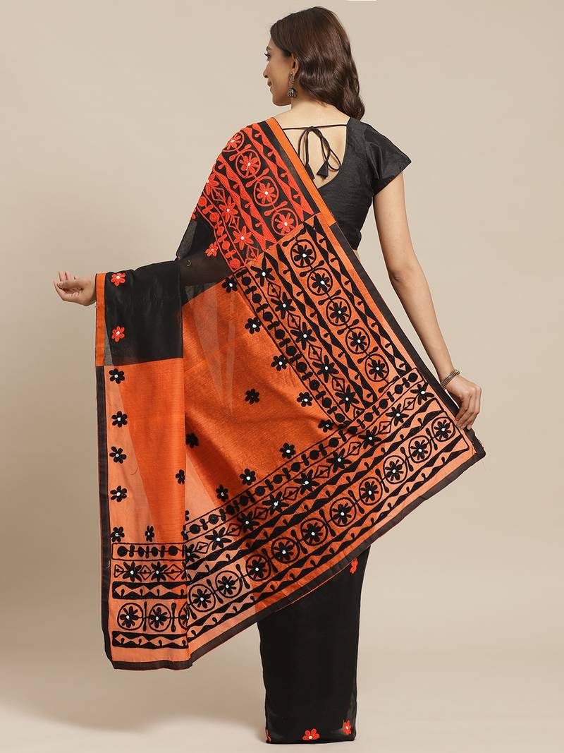 Black & Orange Handloom Embroidered Saree