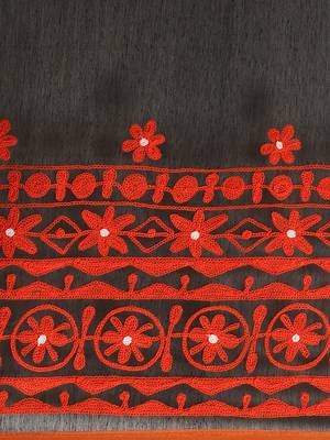 Black & Orange Handloom Embroidered Saree 3