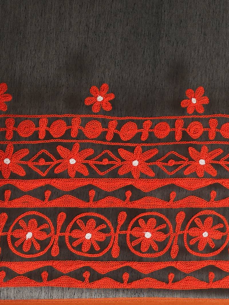 Black & Orange Handloom Embroidered Saree