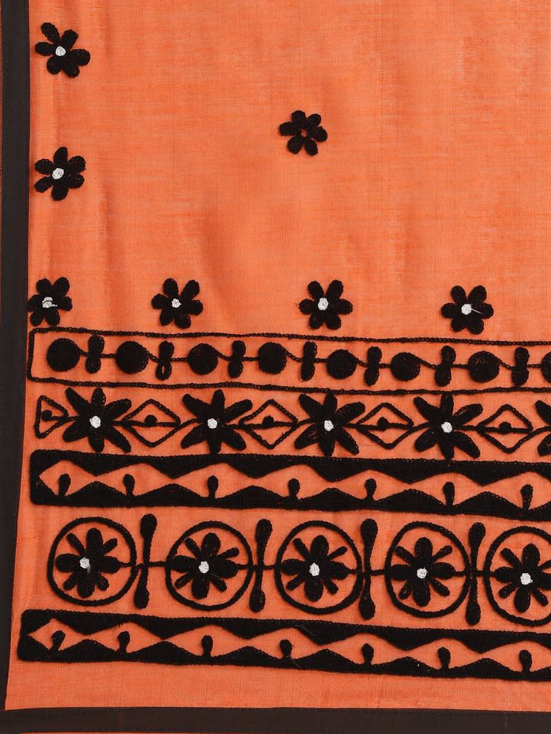 Black & Orange Handloom Embroidered Saree