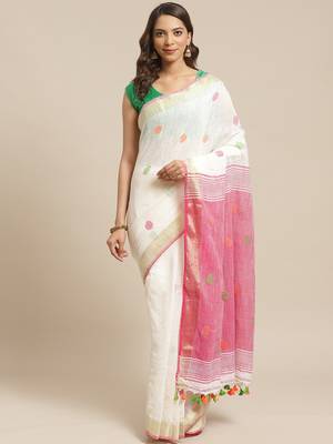 White & Pink Handloom Woven Design Saree 1