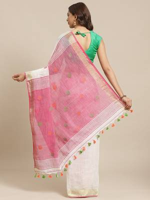White & Pink Handloom Woven Design Saree 2