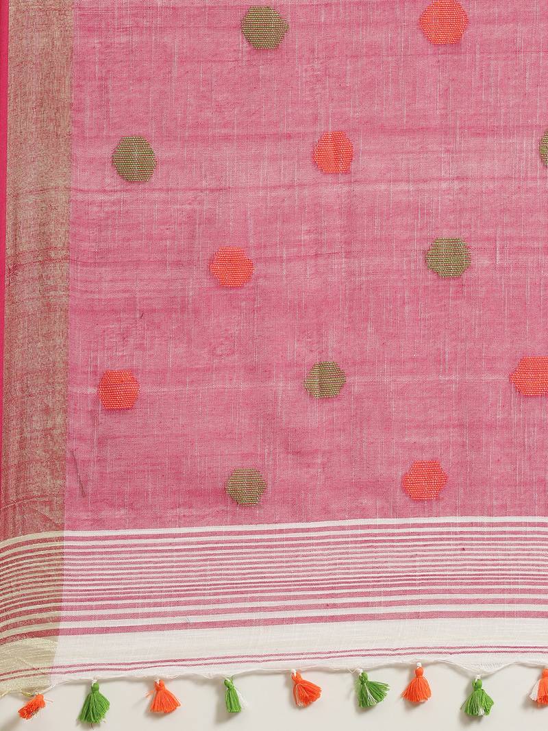 White & Pink Handloom Woven Design Saree