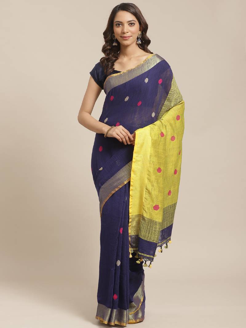 Navy Blue & Yellow Handloom Woven Design Saree