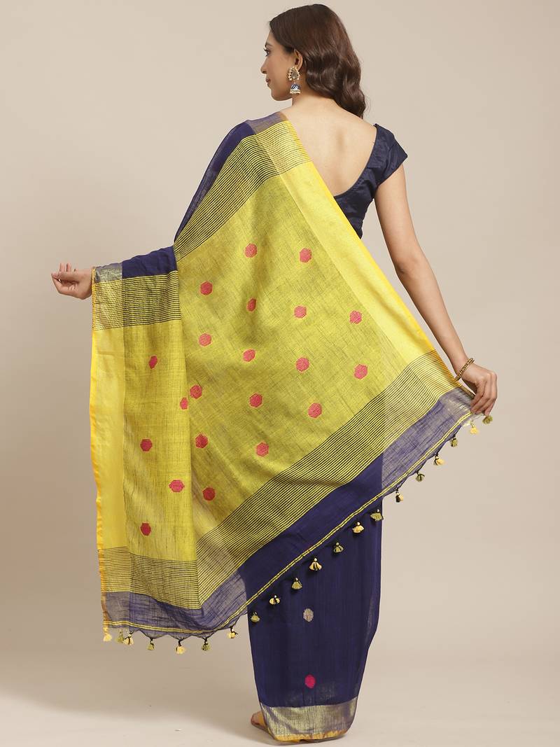 Navy Blue & Yellow Handloom Woven Design Saree
