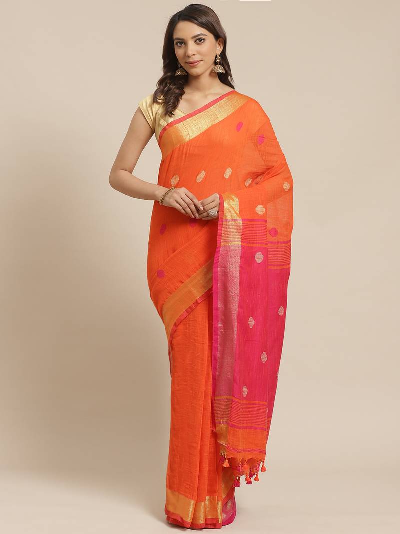 Orange & Pink Zari Ethnic Motifs Woven Design Handloom Saree