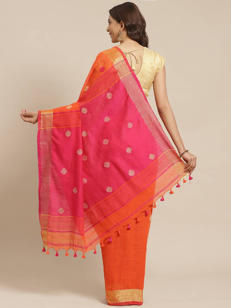 Orange & Pink Zari Ethnic Motifs Woven Design Handloom Saree