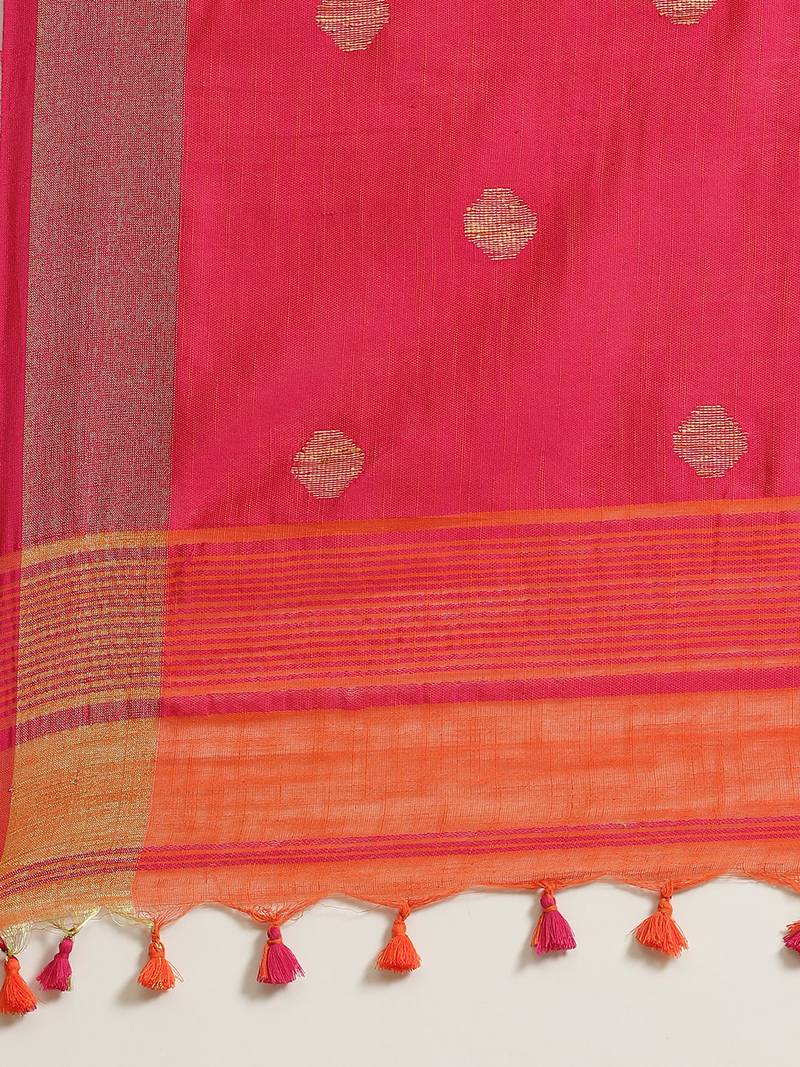 Orange & Pink Zari Ethnic Motifs Woven Design Handloom Saree
