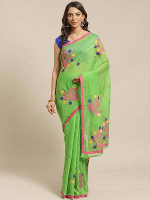 Green & Pink Embroidered Handloom Saree 1
