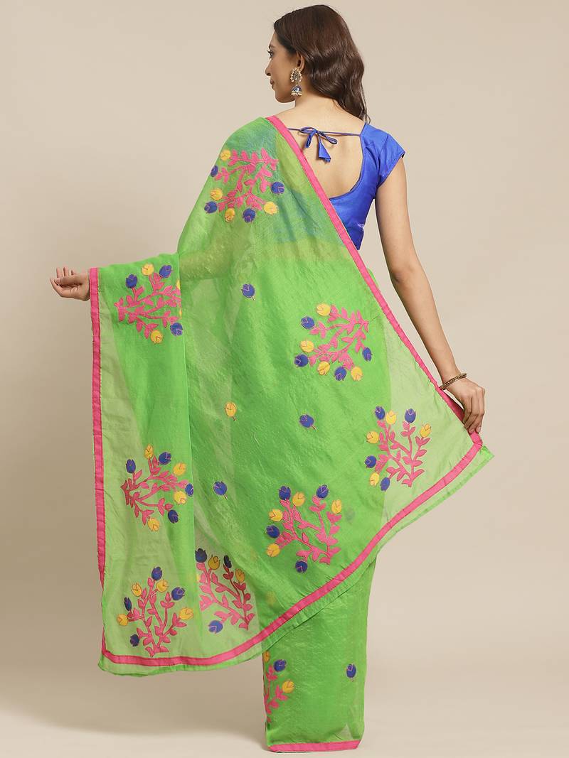 Green & Pink Embroidered Handloom Saree
