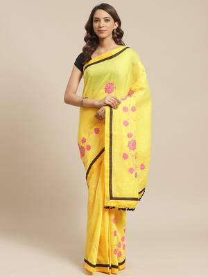 Yellow & Pink Embroidered Handloom Saree 1