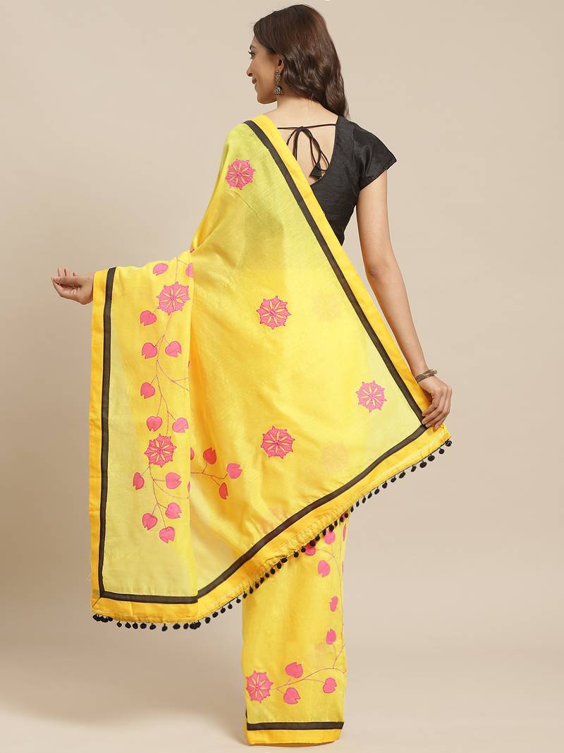 Yellow & Pink Embroidered Handloom Saree