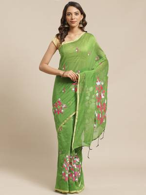 Green & Pink Embroidered Bengal Handloom Saree 1