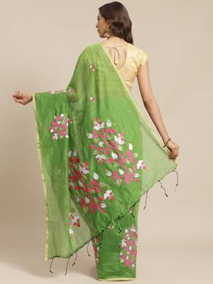 Green & Pink Embroidered Bengal Handloom Saree 2