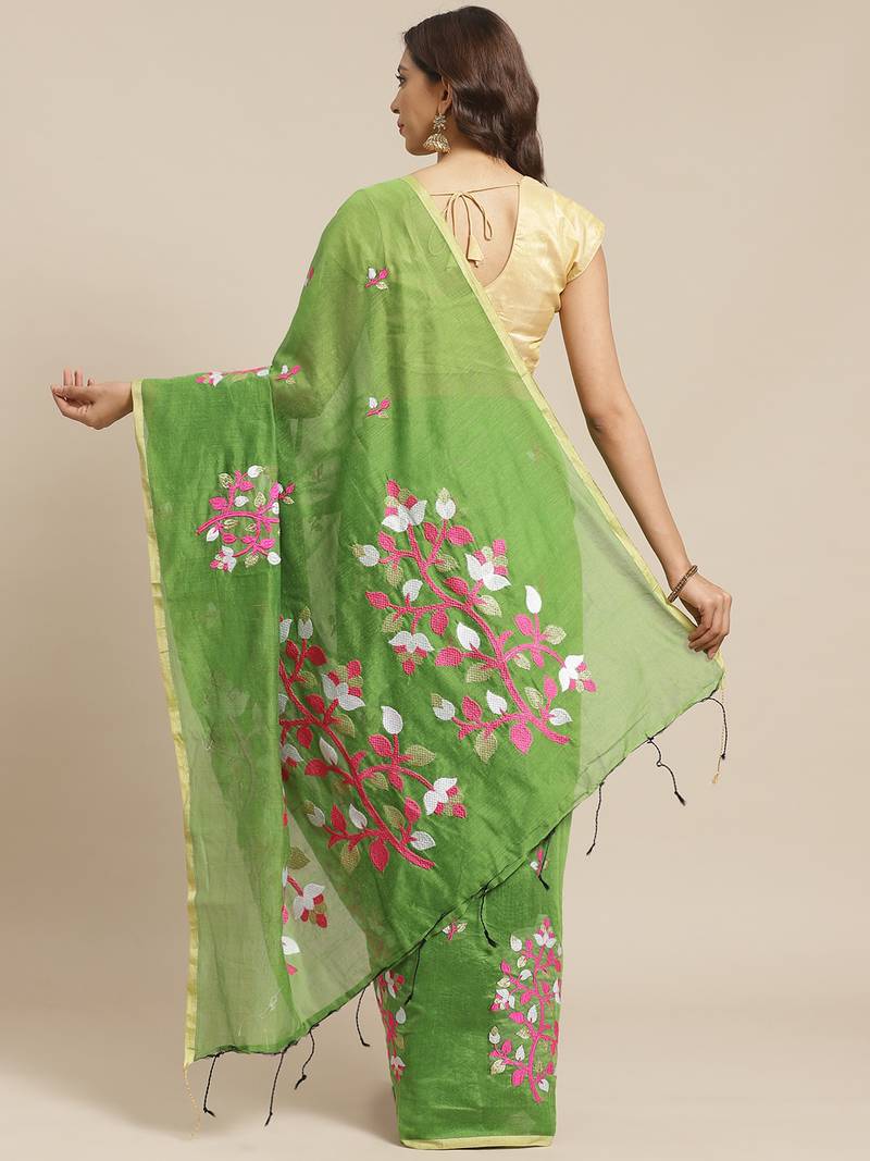 Green & Pink Embroidered Bengal Handloom Saree
