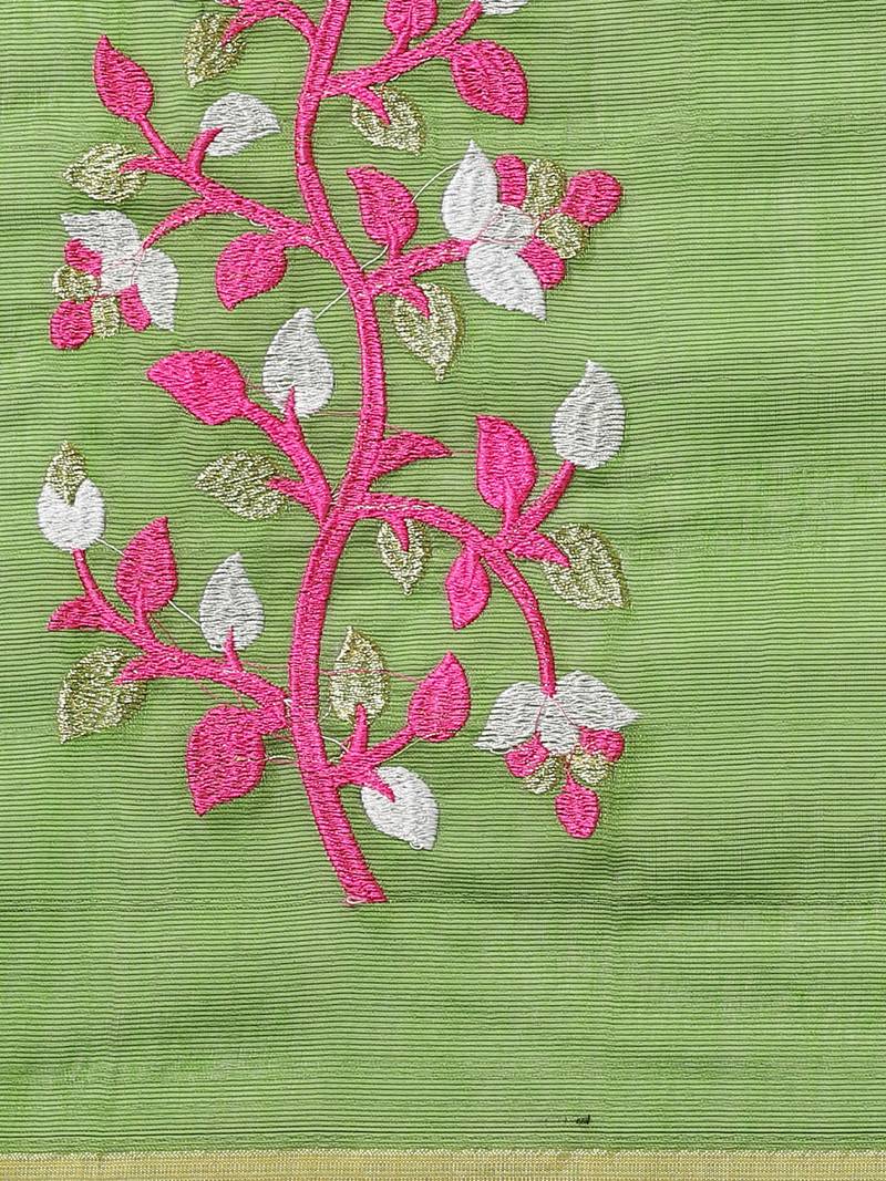 Green & Pink Embroidered Bengal Handloom Saree