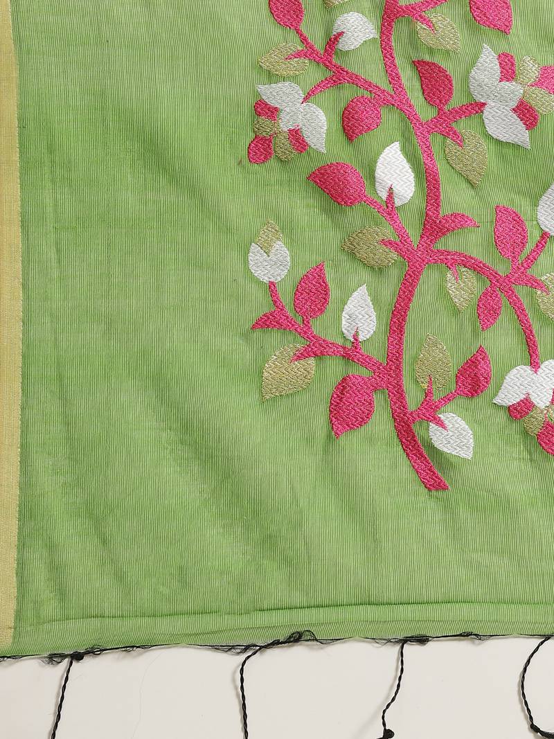 Green & Pink Embroidered Bengal Handloom Saree